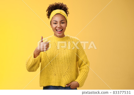 Energetic outgoing good-looking female office assistant ready help out show nice thumbs-up gesture check out awesome result great work done approval sign smiling accepting recommend service Energetic outgoing good-looking female office assistant ready help out show nice thumbs-up gesture check out awesome result great work done approval sign smiling accepting recommend service 83377531