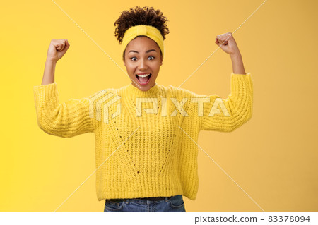 Proud impressed charming girlfriend encourage girlfriend win first place happy for friend rase fists celebration triumph gesture smiling broadly congratulation good work win, yellow background Proud impressed charming girlfriend encourage girlfriend win first place happy for friend rase fists celebration triumph gesture smiling broadly congratulation good work win, yellow background 83378094
