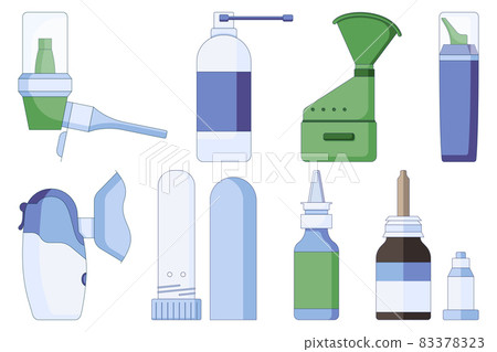 Icons set of nasal drops and sprays. For colds, flu, cough medicine in the nose in a flat style isolated on a white background. . Vector illustration 83378323