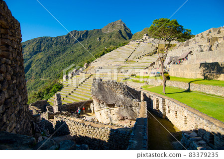 Temple of the Condor and view of the terraces of Machu Picchu - Peru 83379235