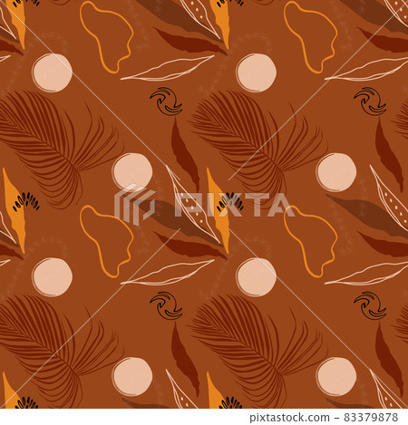 Abstract tropical seamless pattern with shapes and leaves in brown, black, white and beige on light background. Wall art, greeting card, social media post, botanical paper design.  83379878