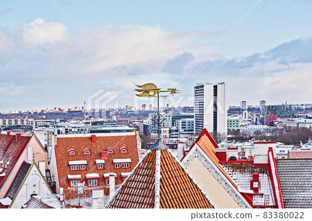Classic iconic view of Tallinn old city cityscape skyline from observation deck in winter 83380022