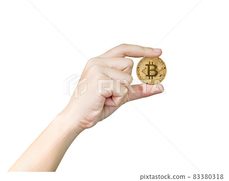 Woman holding some pieces of golden Bitcoin token Woman holding some pieces of golden Bitcoin token 83380318