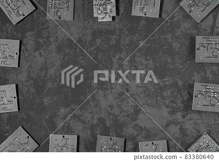 Electronic printed circuit boards on a dark background. Repair of electronic devices in the workshop. 83380640