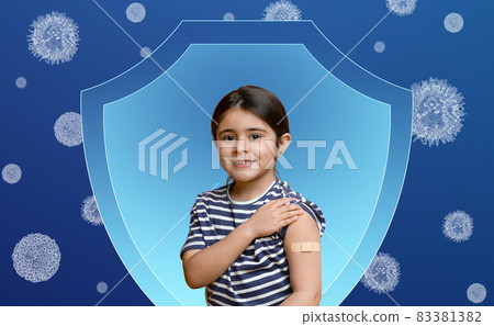 Smiling caucasian little girl shows on band aid on her hand after vaccination Smiling caucasian little girl shows on band aid on her hand after vaccination 83381382