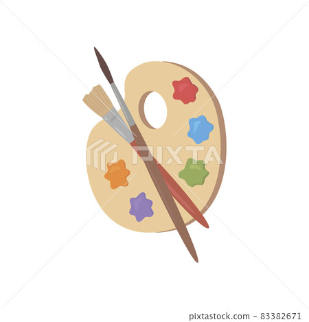 Wooden palette with paints and brushes. Vector illustration. Wooden palette with paints and brushes. Vector illustration. 83382671
