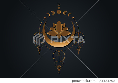 Gold Lotus flower and Moon, Sacred geometry, half moon pagan Wiccan goddess symbol. Moon Phases old golden wicca banner sign, energy circle, boho style vector isolated on black background 83383208