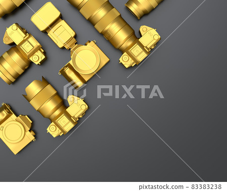 Top view of designer workspace and photography gear on black table background Top view of designer workspace and photography gear on black table background 83383238