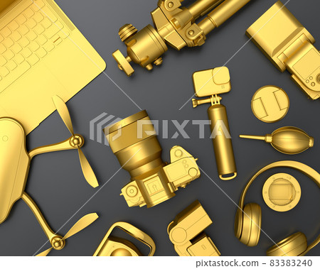 Top view of designer workspace and photography gear on black table background 83383240