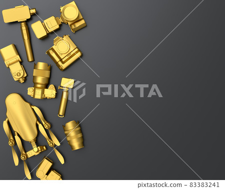 Top view of designer workspace and photography gear on black table background Top view of designer workspace and photography gear on black table background 83383241