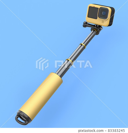 Photo and video lightweight yellow action camera with selfie stick on blue 83383245