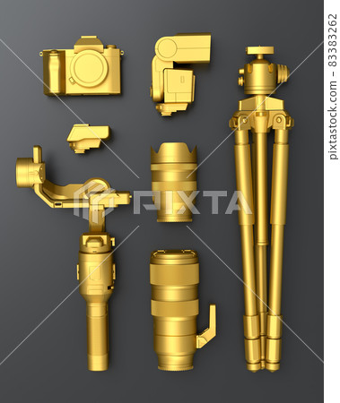 Top view of designer workspace and photography gear on black table background Top view of designer workspace and photography gear on black table background 83383262