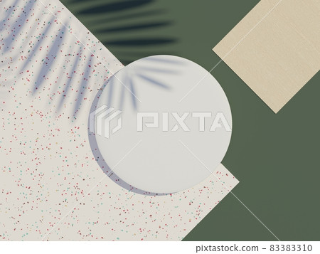 3d render top view of white blank cylinder frame for mock up and display products with shadows of palm leaves, earth tone, and terrazzo wall background. Creative idea concept. 83383310