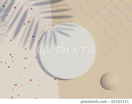 3d render top view of white blank cylinder frame for mock up and display products with shadows of palm leaves, earth tone, and terrazzo wall background. Creative idea concept. 3d render top view of white blank cylinder frame for mock up and display products with shadows of palm leaves, earth tone, and terrazzo wall background. Creative idea concept. 83383311