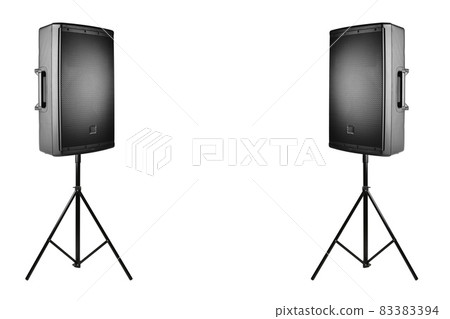 professional audio speakers PA on the tripods, isolated on white professional audio speakers PA on the tripods, isolated on white 83383394