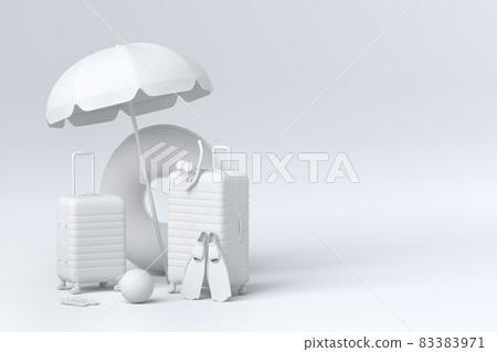 Suitcase with beach umbrella and inflatable ring on monochrome background. 3D render of summer vacation concept and holidays 83383971