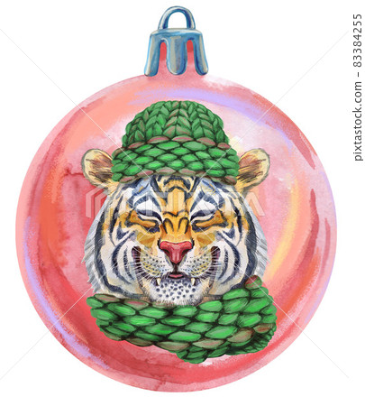 Watercolor pink Christmas ball with tiger isolated on a white background. 83384255