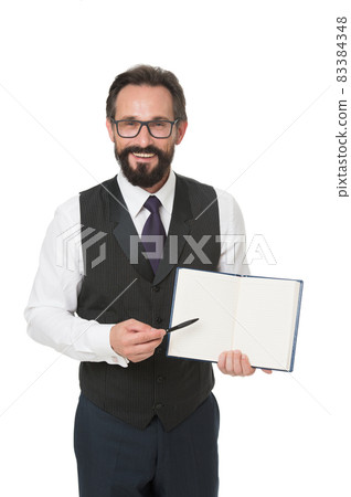 Man formal clothes hold notepad white explain business Man formal clothes hold notepad white explain business 83384348