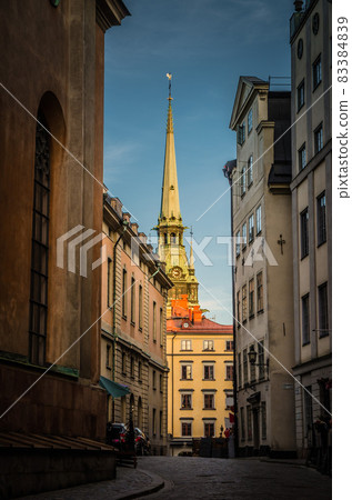 Typical sweden narrow street with cobblestone, Stockholm, Sweden 83384839