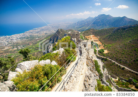 Kyrenia Girne mountains and town from medieval castle, Northern Cyprus 83384850