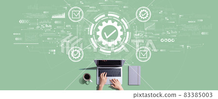 Quality control approval with person working with laptop 83385003