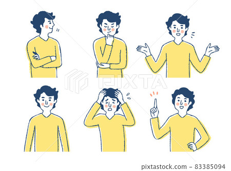 Young men with various facial expressions upper body set Young men with various facial expressions upper body set 83385094