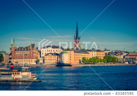 Riddarholmen island with Riddarholm Church spires, Stockholm, Sweden 83385595