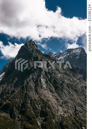 Mountain glacier. Stunning views of the mountain. Grand view over steep slopes on a sunny winter day. Mountain peak. Copy space Mountain glacier. Stunning views of the mountain. Grand view over steep slopes on a sunny winter day. Mountain peak. Copy space 83386124
