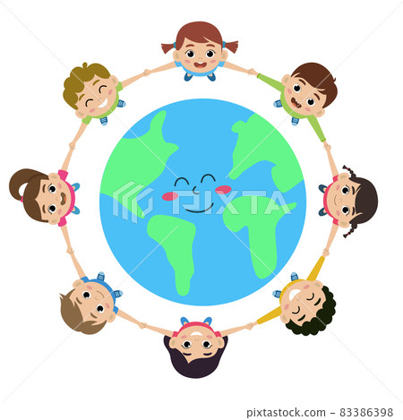 Happy world children's day poster concept. Children smiling and standing on circle Happy world children's day poster concept. Children smiling and standing on circle 83386398