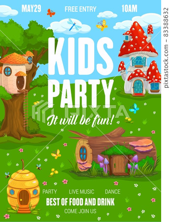 Kids party flyer with fairy fantasy houses and dwellings of gnomes. Children picnic garden party and holiday entertainment vector poster with dwarf fairy nest and mushroom, log and beehive homes Kids party flyer with fairy fantasy houses and dwellings of gnomes. Children picnic garden party and holiday entertainment vector poster with dwarf fairy nest and mushroom, log and beehive homes 83388632