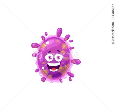 Cartoon virus cell vector icon, cute purple bacteria, happy laughing germ character with funny face and pimples. Smiling pathogen microbe with big eyes, isolated micro organism symbol Cartoon virus cell vector icon, cute purple bacteria, happy laughing germ character with funny face and pimples. Smiling pathogen microbe with big eyes, isolated micro organism symbol 83388643