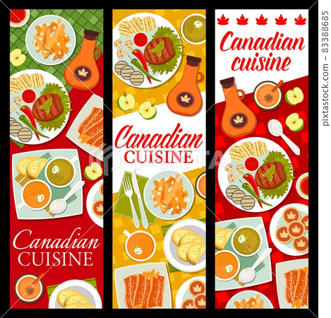 Canadian food restaurant dishes banners. French fries with cheese and gravy poutine, grilled ribeye steak and vegetables, maple leaf cookies, Canadian bacon, broccoli and pumpkin cream soup vector Canadian food restaurant dishes banners. French fries with cheese and gravy poutine, grilled ribeye steak and vegetables, maple leaf cookies, Canadian bacon, broccoli and pumpkin cream soup vector 83388685