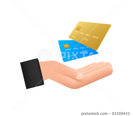 Blue simple credit card with hands template on white background. Vector Illustration. 83389433