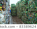 Bundle of pressed plastic bottles prepared for a garbage recycling on waste recycling plant. Pollution problem 83389624