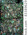 Bundle of pressed plastic bottles prepared for a garbage recycling on waste recycling plant. Camera moves forward. Pollution problem. Stabilized video 83389629