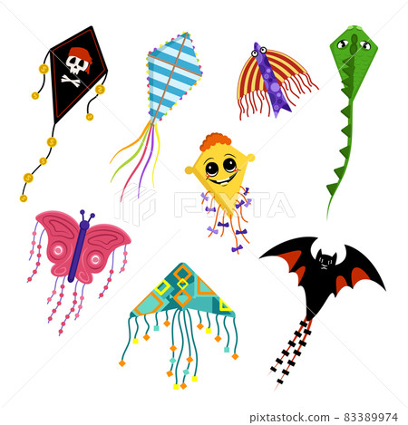 Set of bright and cheerful kites in form of pirate flag, dragon, butterfly, bat, fish and happy face. Summer flying kite festival. Children toy for open air and in wind Set of bright and cheerful kites in form of pirate flag, dragon, butterfly, bat, fish and happy face. Summer flying kite festival. Children toy for open air and in wind 83389974