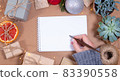 Woman holding calligraphic pen Christmas greeting card template in craft style. Empty paper  83390558