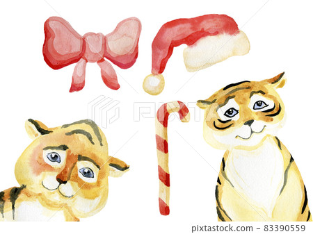 Cute akarel tiger symbol of 2022 a set of isolated elements on a white background Cute akarel tiger symbol of 2022 a set of isolated elements on a white background 83390559