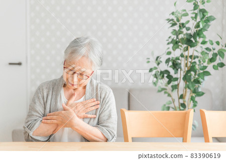 Elderly woman with chest pain 83390619