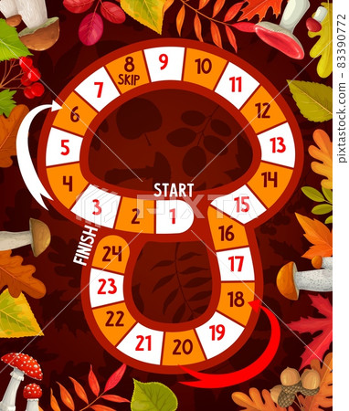 Thanksgiving kids board game, mushroom shape vector map with autumn leaves and acorns background. Children education worksheet, roll and move puzzle or maze with arrows and numbered steps 83390772
