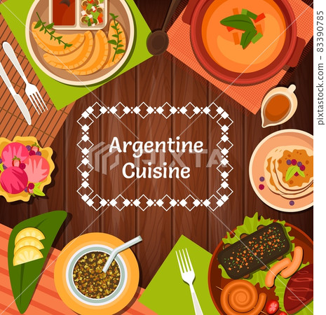 Argentine restaurant menu cover with vector Argentinian cuisine food. Barbecue meat asado with chorizo sausages and pork, empanada pies, yerba mate and vegetable soup, dulce de leche and ice cream Argentine restaurant menu cover with vector Argentinian cuisine food. Barbecue meat asado with chorizo sausages and pork, empanada pies, yerba mate and vegetable soup, dulce de leche and ice cream 83390785