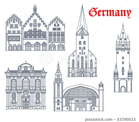 Germany architecture buildings and travel landmarks of Frankfurt, Munich and Hamburg. Burgersaal church, Romer Rathaus or city hall, Eschenheim Tower, Hauptbahnhof railway station and St Peter church 83390813