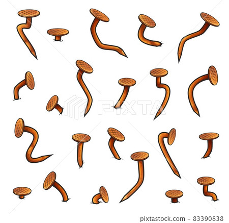 Rusty metal bent nails and heads, isolated vintage iron nails with contours. Cartoon sharp ferruginous hardware spikes, curved hammered hobnails vector set. Old rusty iron carpentry nails Rusty metal bent nails and heads, isolated vintage iron nails with contours. Cartoon sharp ferruginous hardware spikes, curved hammered hobnails vector set. Old rusty iron carpentry nails 83390838