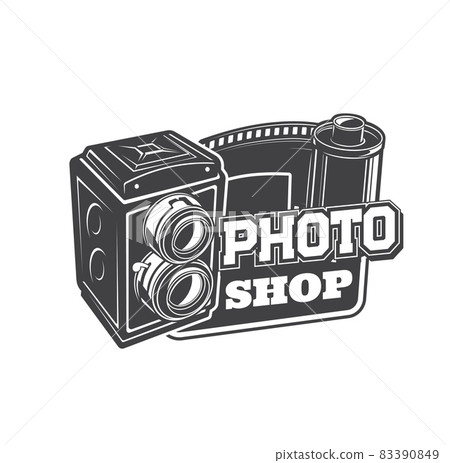 Photo camera shop icon. Photography studio or atelier, vintage photo equipment store monochrome vector emblem or icon with classic old medium format waist-level viewfinder camera and film roll Photo camera shop icon. Photography studio or atelier, vintage photo equipment store monochrome vector emblem or icon with classic old medium format waist-level viewfinder camera and film roll 83390849