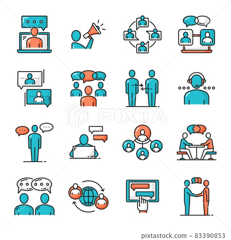 Business team, chat messenger, support communication and message, vector color line icons. Chatbots or help desk service and phone call talk, digital office and online business conference chats 83390853