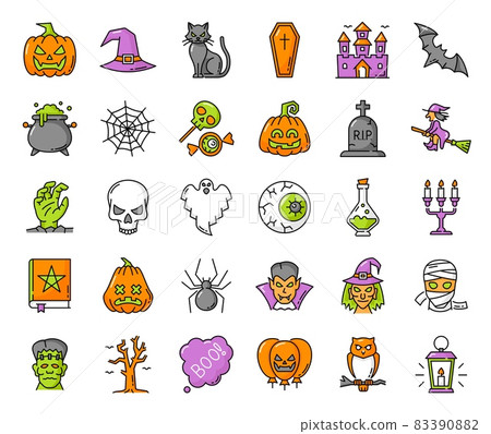 Halloween outline ghost, pumpkin, zombie and witch, spider web and owl scary character vector icons. Horror holiday skull, bat, black cat, trick or treat candy, candle, grave and vampire isolated sign 83390882