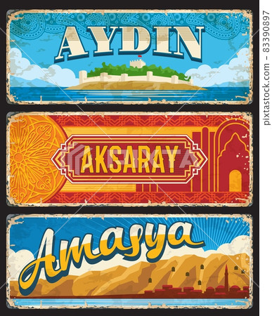 Aydin, Aksaray and Amasya provinces of Turkey, il vintage plates. Vector touristic Turkish landmarks aged travel destination signs. Retro grunge boards, antique worn signboards, banner or plaques set Aydin, Aksaray and Amasya provinces of Turkey, il vintage plates. Vector touristic Turkish landmarks aged travel destination signs. Retro grunge boards, antique worn signboards, banner or plaques set 83390897