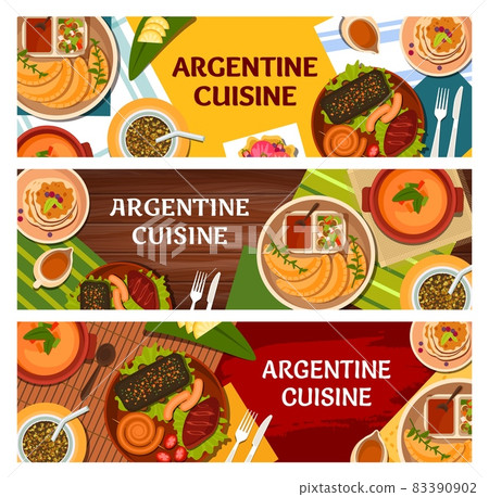 Argentine cuisine vector banners of meat dishes with vegetable meal and desserts. Barbecue pork and chorizo sausages asado, empanada pies and chimichurri sauce, mate, dulce de leche crepes, ice cream 83390902