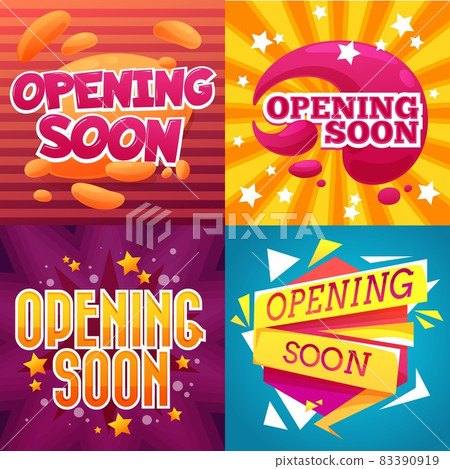 Opening soon cartoon banners and shop store signs with vector stars. Grand opening or soon open banners with cartoon bubbles and shining sparkles, shop ceremony or celebration event signs and posters Opening soon cartoon banners and shop store signs with vector stars. Grand opening or soon open banners with cartoon bubbles and shining sparkles, shop ceremony or celebration event signs and posters 83390919