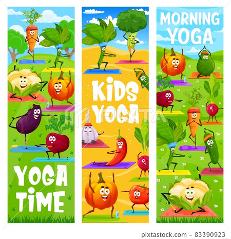 Kids yoga and fitness, cartoon cute vegetables yoga or pilates, vector grass field. Vegetables and veggie characters in sport and healthy training, cauliflower and spinach, carrot and pumpkin Kids yoga and fitness, cartoon cute vegetables yoga or pilates, vector grass field. Vegetables and veggie characters in sport and healthy training, cauliflower and spinach, carrot and pumpkin 83390923